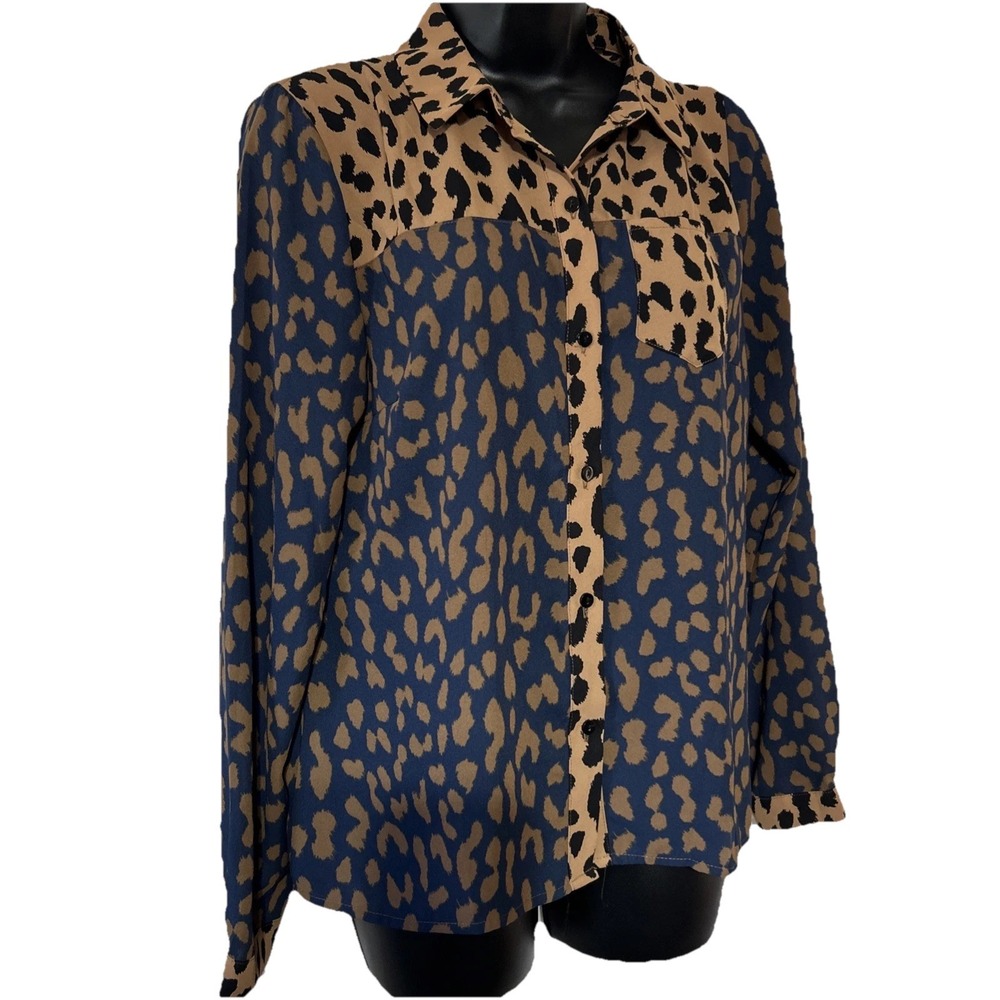 Venus Animal Print Leopard Blouse Blue Brown Black Button Up Wrinkle Resistant 8 - Picture 2 of 6